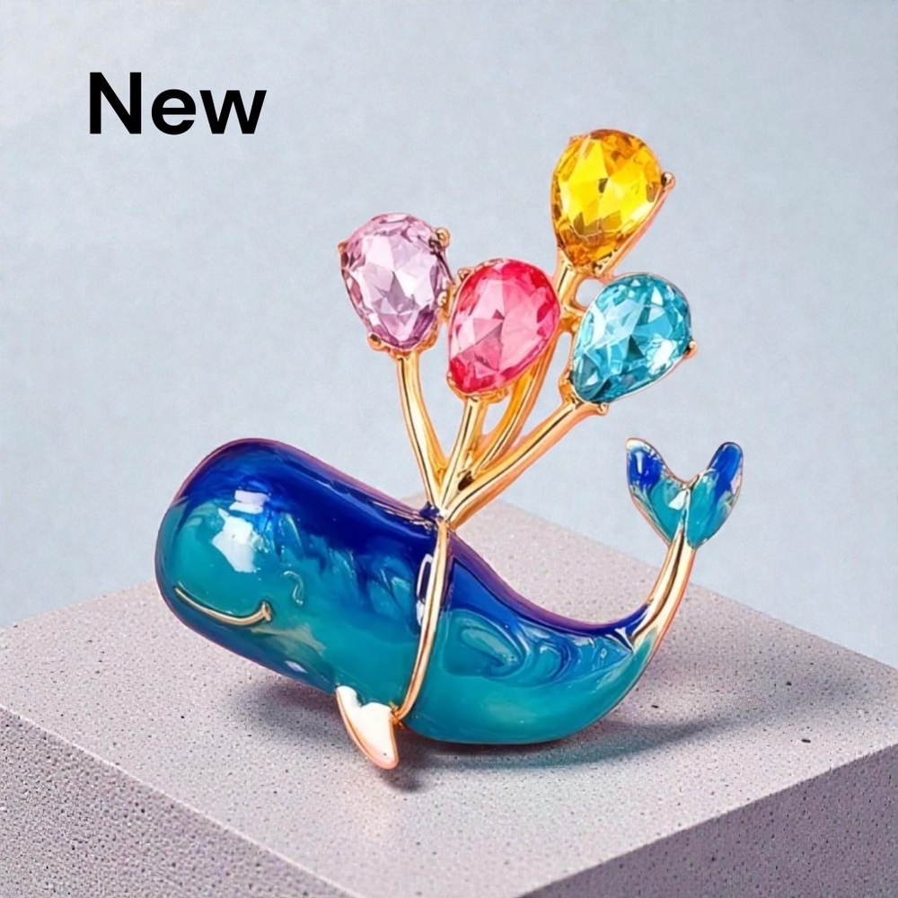 New!  Whale Brooch Pin – Vintage Look Colorful Enamel & Rhinestone Faux